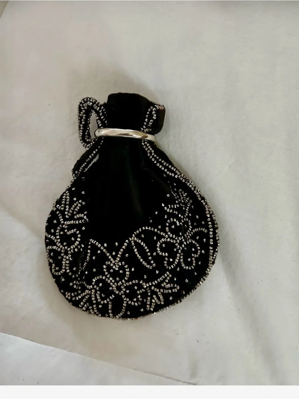 Embellished Black Velvet Drawstring Evening Pouch and/or Jewelry Pouch